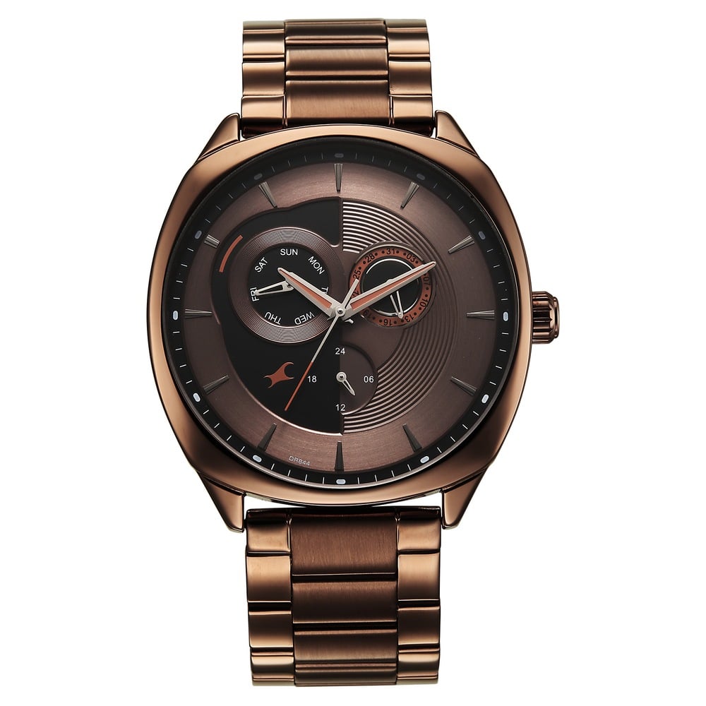 [3330qm01] Fastrack Tik Tok Quartz Multifunction Brown Dial Stainless Steel Strap Watch For Guys