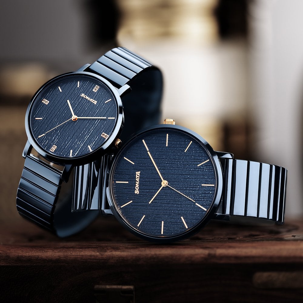 [7715087073km02] Sonata Soulmate Quartz Analog Blue Dial Blue Stainless Steel Strap Watch For Couple