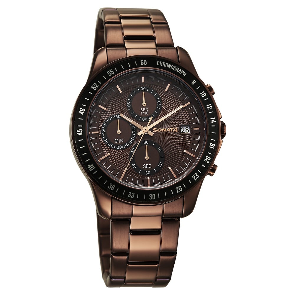 [77187km04] Sonata Chronos Quartz Analog with Date Brown Dial Brown Colour Stainless Steel Strap Watch For Men