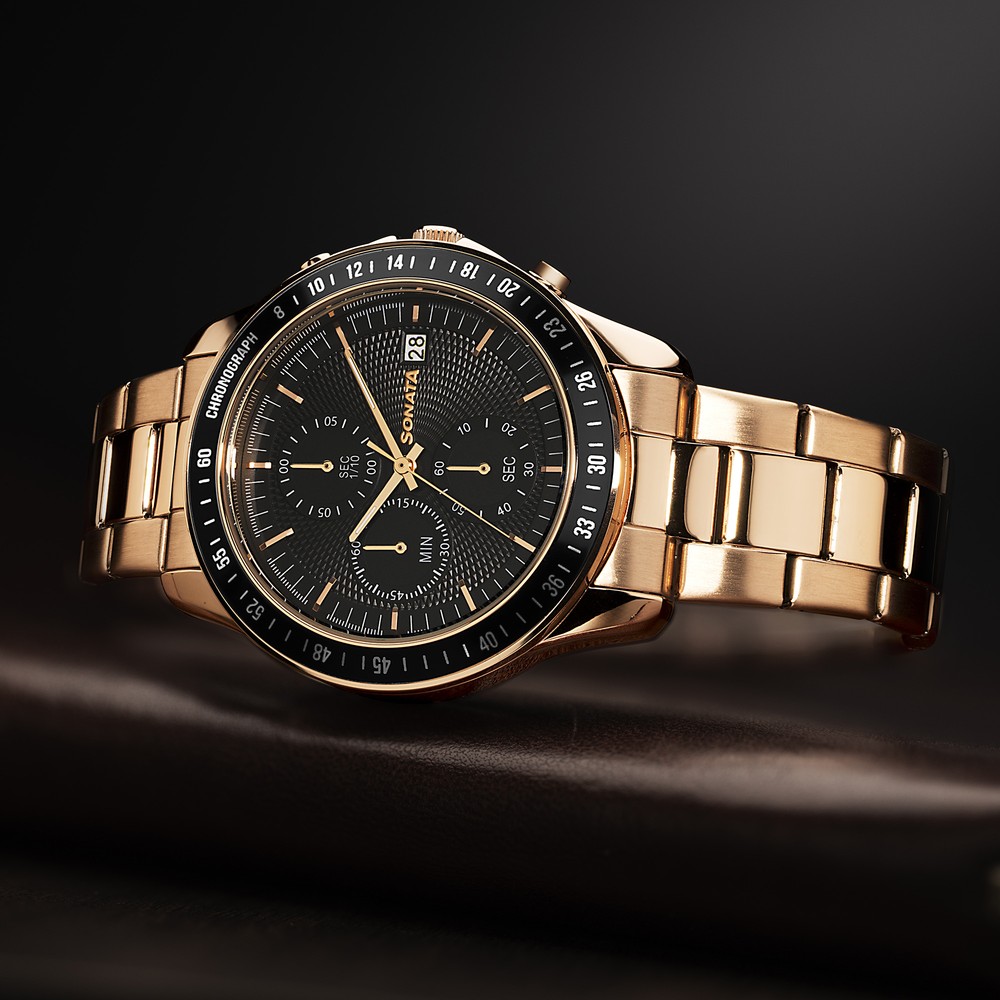 [77187km05] Sonata Chronos Quartz Analog with Date Black Dial Rose Gold Colour Stainless Steel Strap Watch For Men