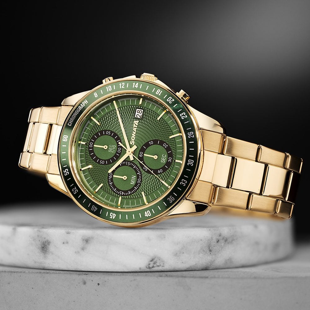[77187km06] Sonata Chronos Quartz Analog with Date Green Dial Golden Colour Stainless Steel Strap Watch For Men