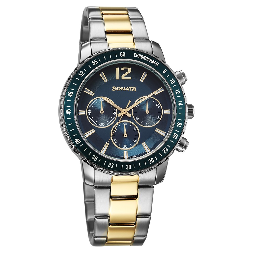 [77188km01] Sonata Chronos Quartz Analog with Date Blue Dial Two Toned Colour Stainless Steel Strap Watch For Men