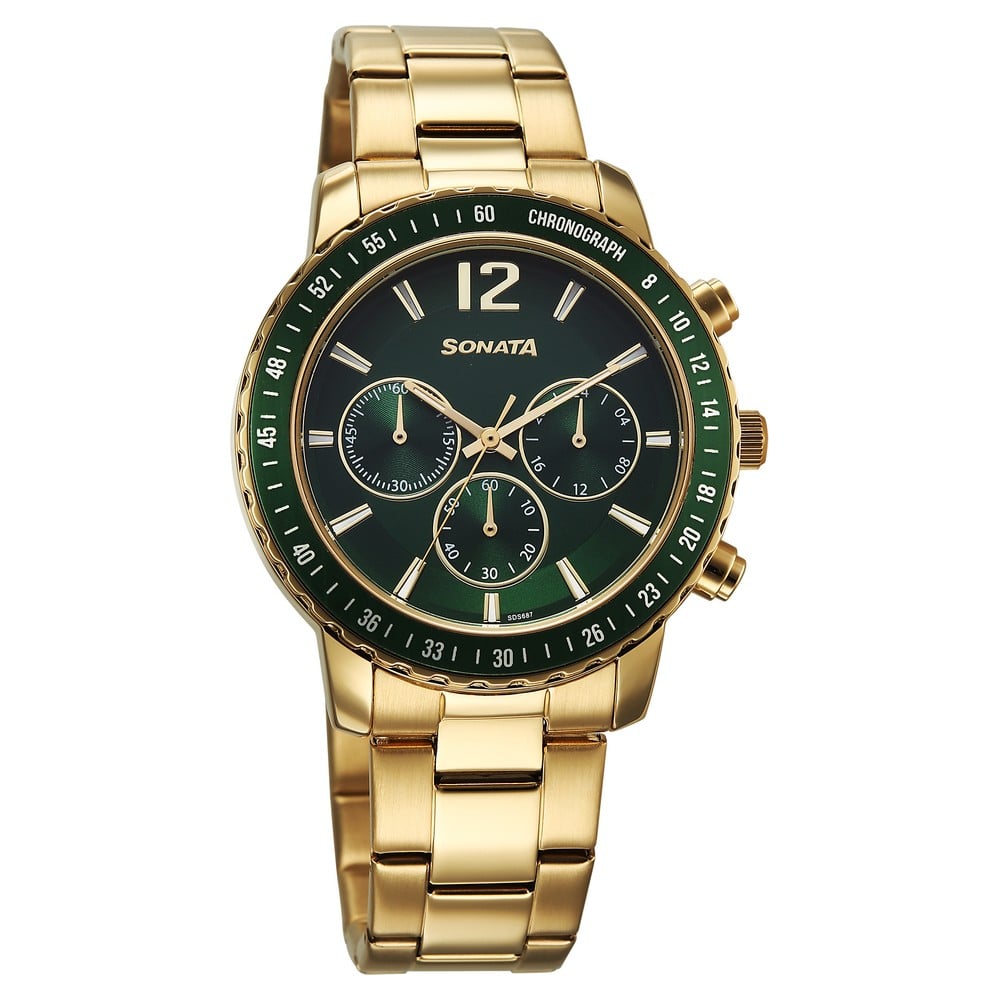 [77188km03] Sonata Chronos Quartz Analog with Date Green Dial Golden Colour Stainless Steel Strap Watch For Men