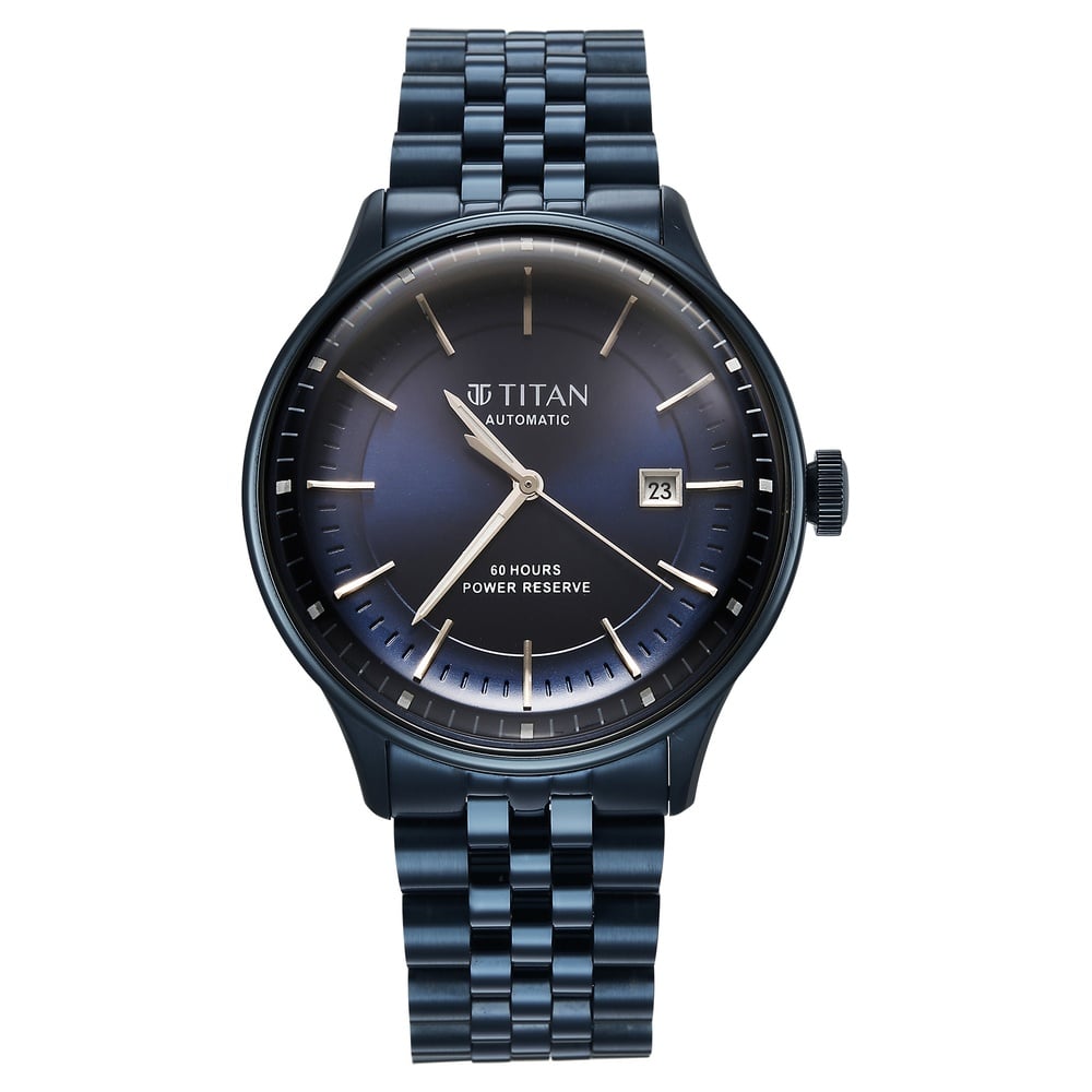 [90201QM01] Titan Weekender 60 Hours Power Reserve Concealed Automatic Analog Blue Dial Blue Stainless Steel Strap Watch for Men