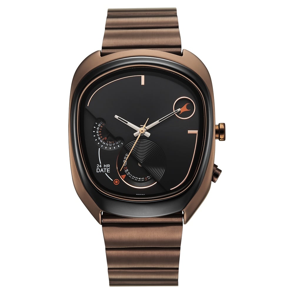 Fastrack UFO Quartz Multifunction Black Dial Brown Stainless Steel Strap Watch For Guys