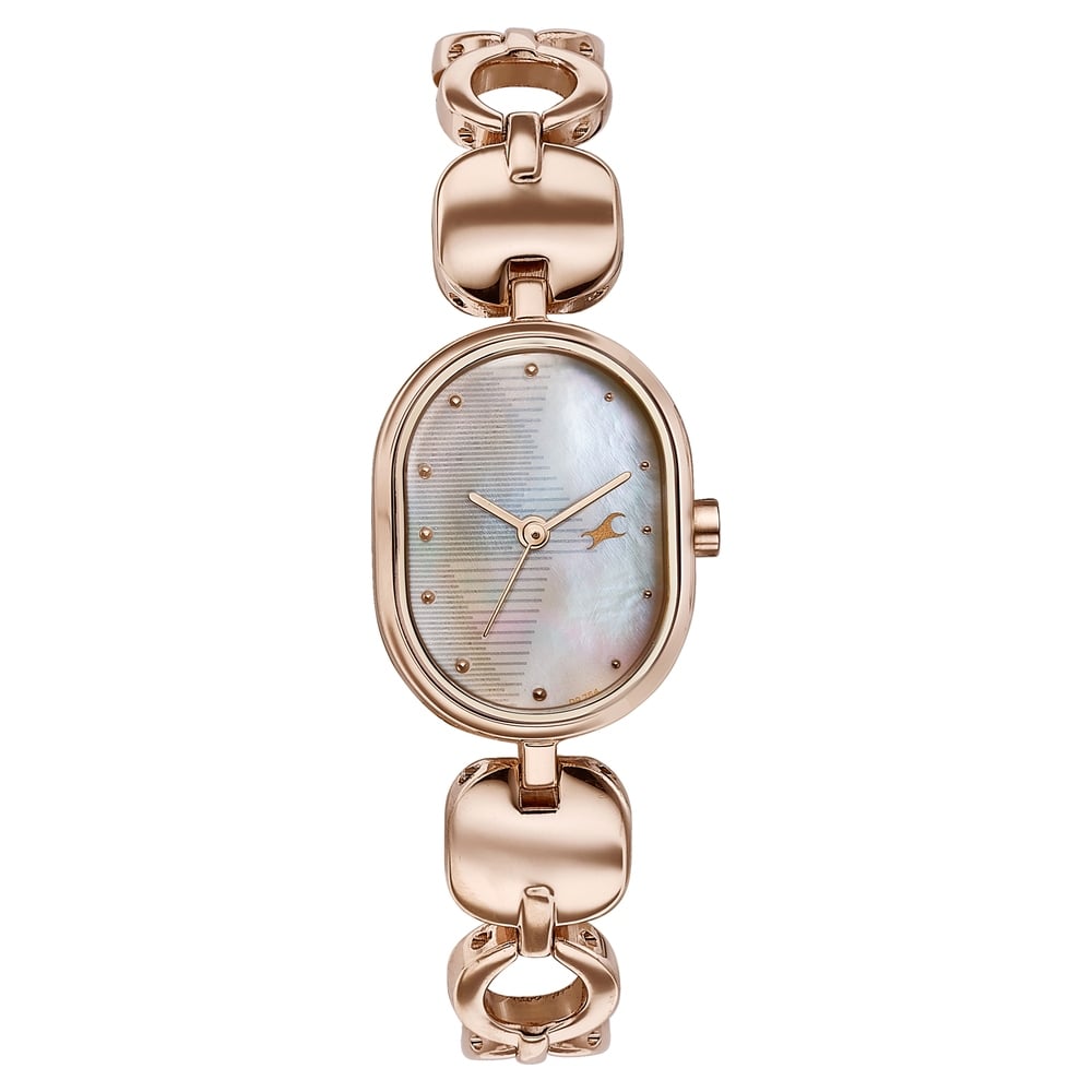 Fastrack Style Up Quartz Analog Mother Of Pearl Dial Rose Gold Metal Strap Watch For Girls