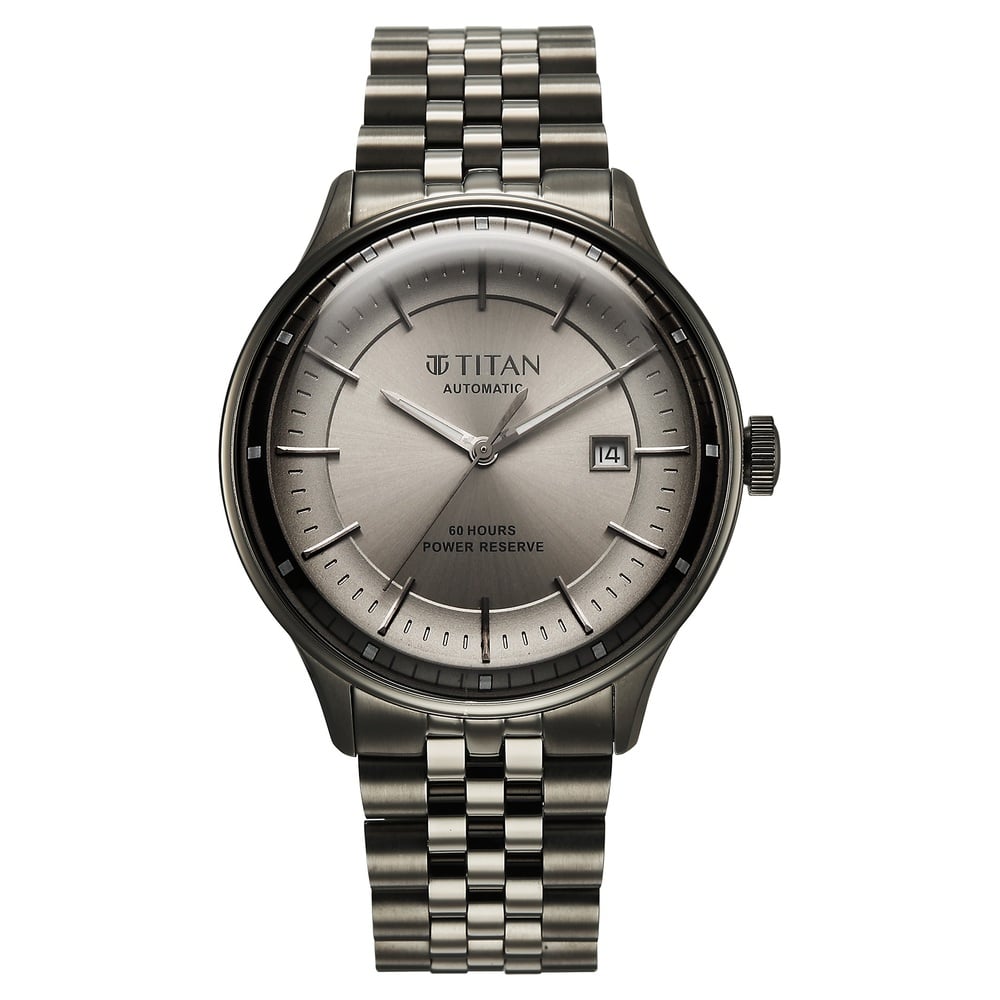 [90201QM02] Titan Weekender 60 Hours Power Reserve Concealed Automatic Analog Gun Dial Dark Gun Stainless Steel Strap Watch for Men