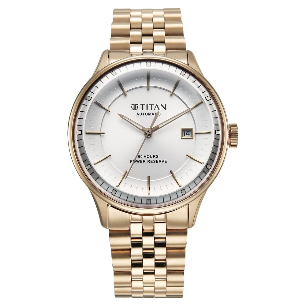 [90201wm01] Titan Weekender 60 Hours Power Reserve Concealed Automatic Analog White Dial Stainless Steel Strap Watch for Men