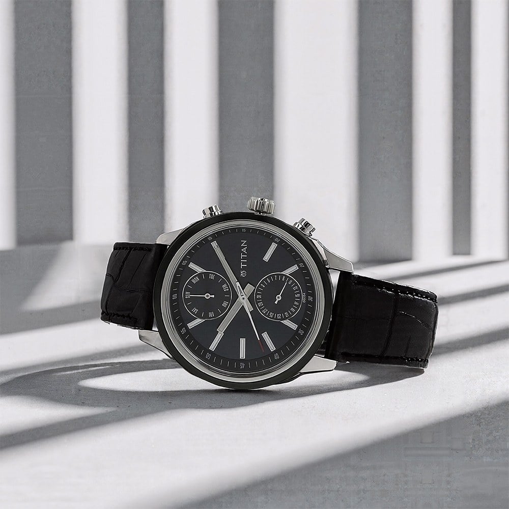 Titan Men's Midnight Precision: Multifunction Blue Dial with Classic Leather Strap Watch