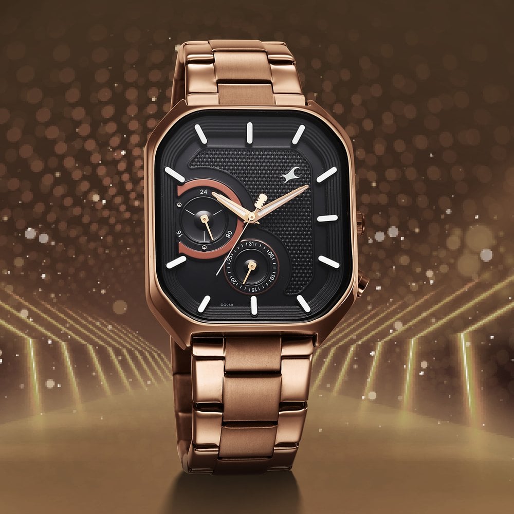 [3321qm02] Fastrack Groove Multifunction Black Dial Metal Strap Guy's Watch with Lume indices