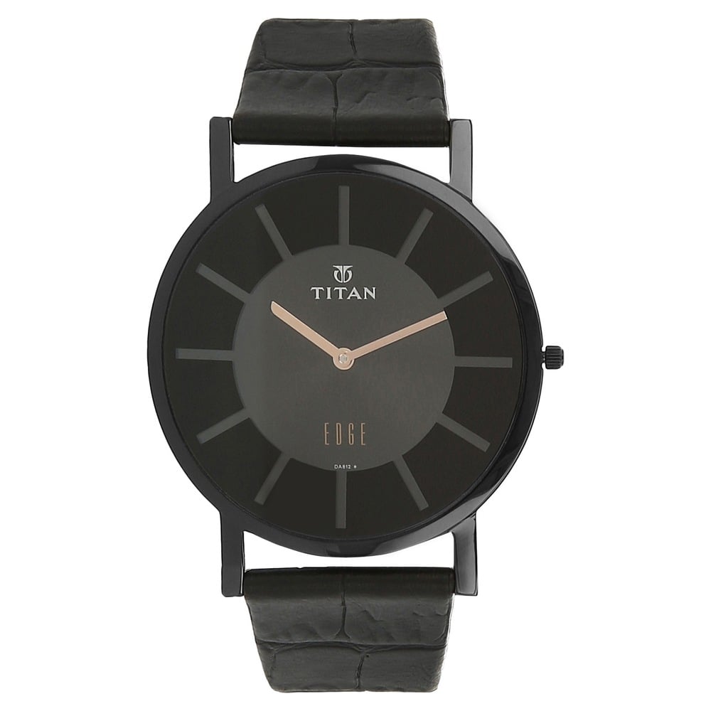[1595nl01] Titan Edge Quartz Analog Black Dial Black Leather Strap Watch For Men