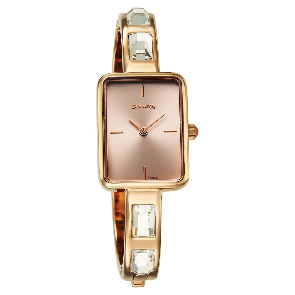 Sonata Aura Quartz Analog Pink Dial Rose Gold Stainless Steel Strap Watch For Women