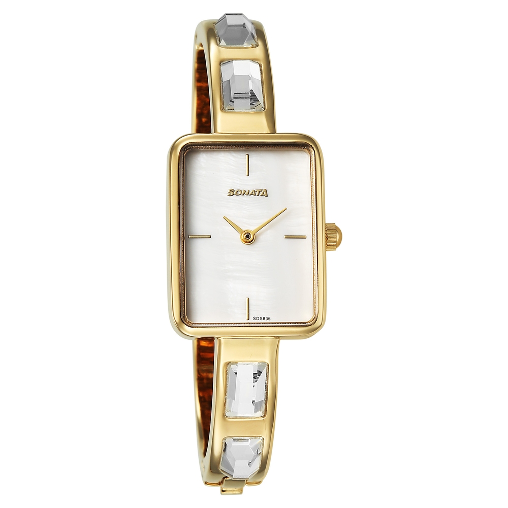 Sonata Aura Quartz Analog White Mother of Pearl Dial Golden Stainless Steel Strap Watch For Women