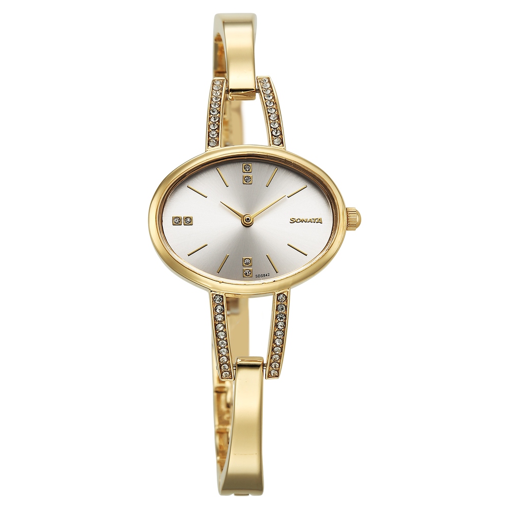 [87099ym01] Sonata Aura Quartz Analog Silver Dial Golden Stainless Steel Strap Watch For Women