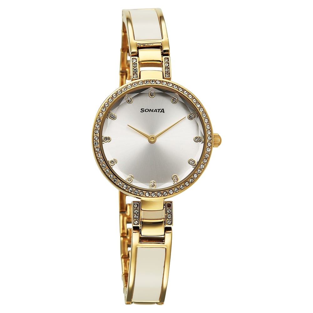 [87100kd02] Sonata Aura Quartz Analog Silver Dial Two Toned Stainless Steel Strap Watch For Women