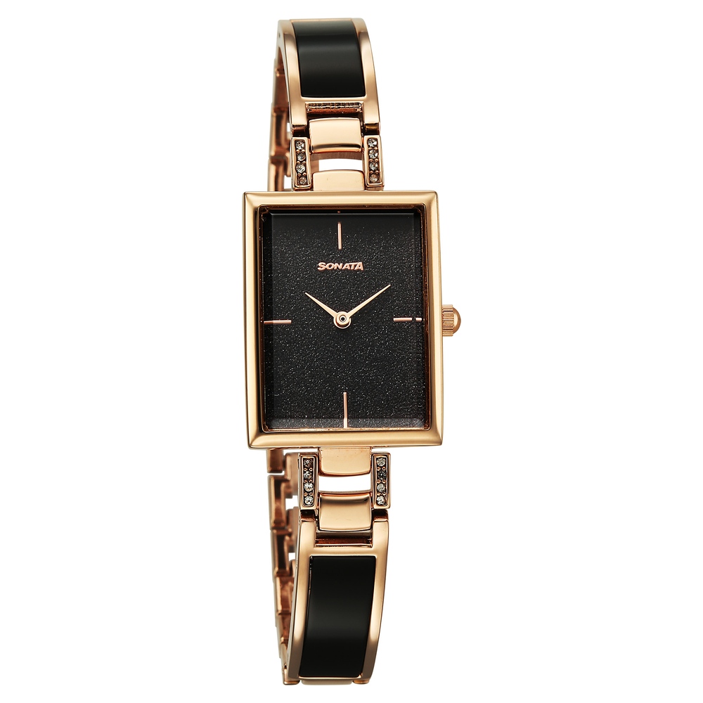 [87101kd01] Sonata Aura Quartz Analog Black Dial Two Toned Stainless Steel Strap Watch For Women