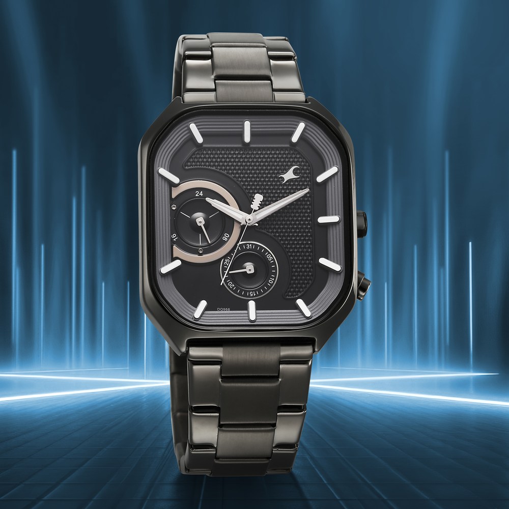 [3321qm01] Fastrack Groove Multifunction Black Dial Metal Strap Guy's Watch with Lume indices