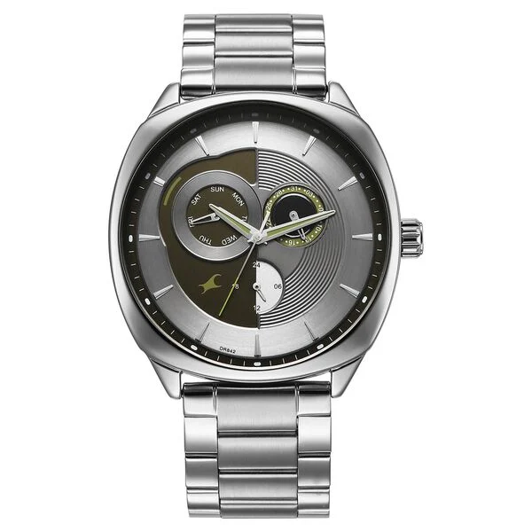 Fastrack Tik Tok Quartz Multifunction Silver Dial Stainless Steel Strap Watch For Guys