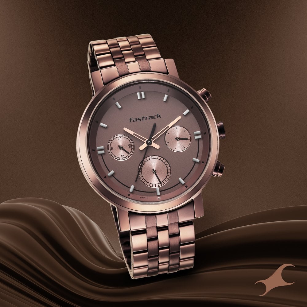 Fastrack Tick Tock Quartz Multifunction Brown Dial Metal Strap Watch for Guys