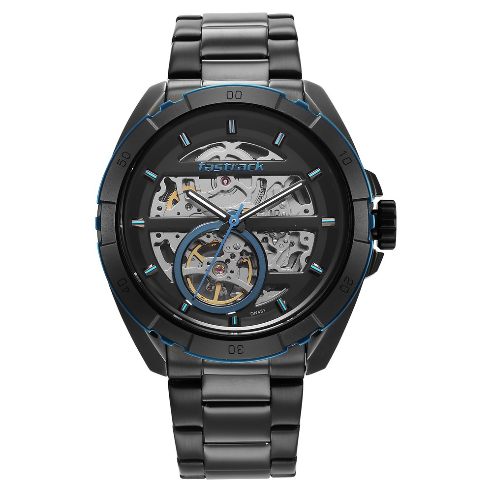Fastrack Automatics Black Dial Black Stainless Steel Strap Watch For Guys