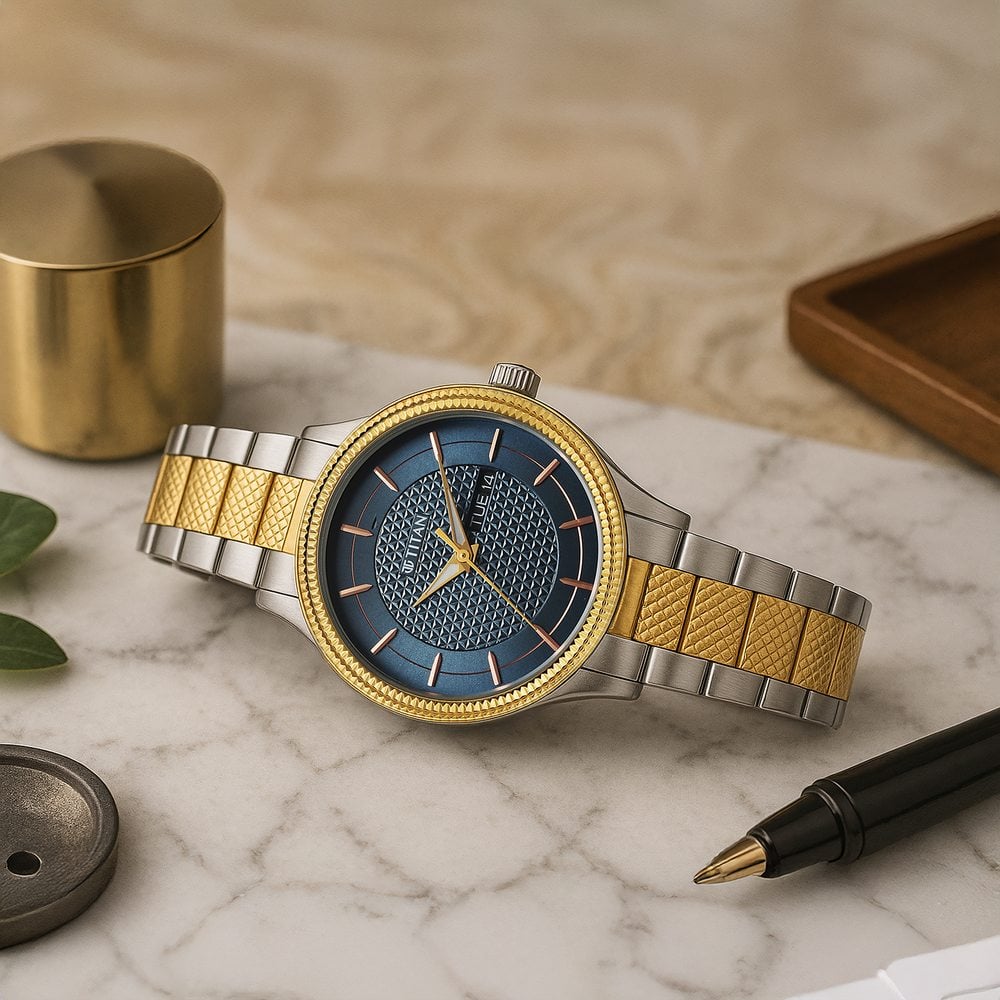 [1650bm05] Titan Karishma Wedding Edit Quartz Analog with Day and Date Blue Dial Stainless Steel Strap Watch For Men