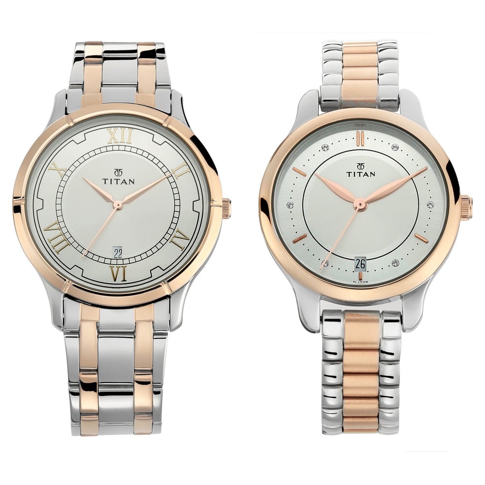 [17752481KM01] Titan Bandhan Quartz Analog with Date Silver Dial Two Toned Stainless Steel Strap Watch For Couple