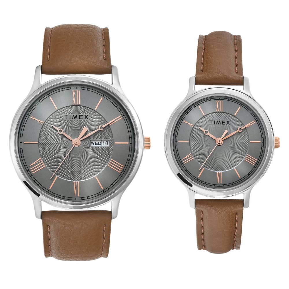 [TW00PR300] Timex Pairs Grey Round Analog Brass Dial Watch- TW00PR300