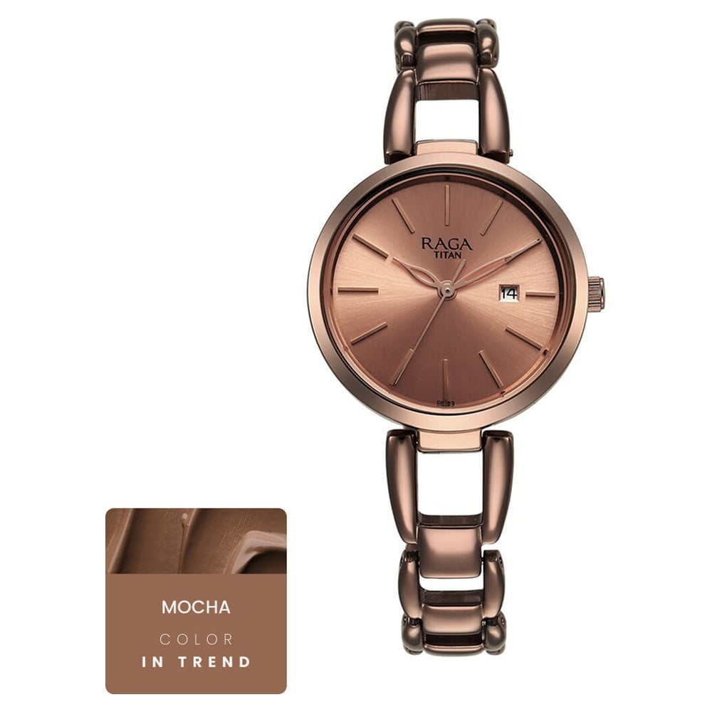 [2642qm01] Titan Raga Viva Quartz Analog with Date Rose Gold Dial Brown Metal Strap Watch for Women