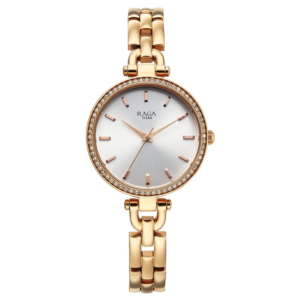 [95345wm01] Titan Raga Showstopper Quartz Analog Silver Dial Rose Gold Metal Strap Watch For Women