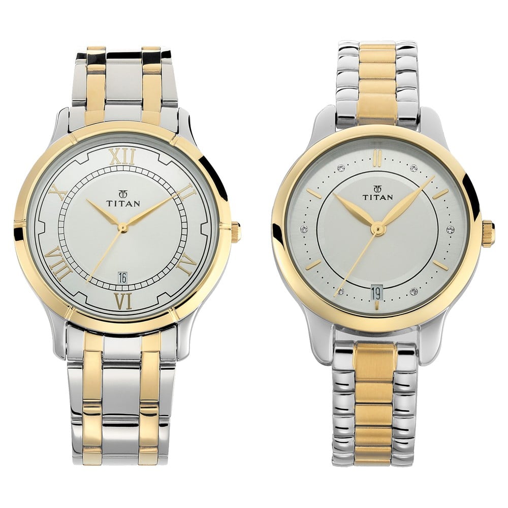 [17752481BM01] Titan Bandhan Quartz Analog with Date Silver Round Dial Two Toned Stainless Steel Strap Watch For Couple