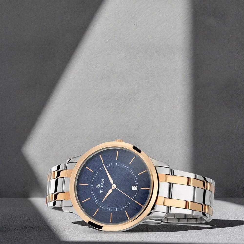 [1825km01] Titan Quartz Analog with Date Blue Dial Stainless Steel Strap Watch for Men