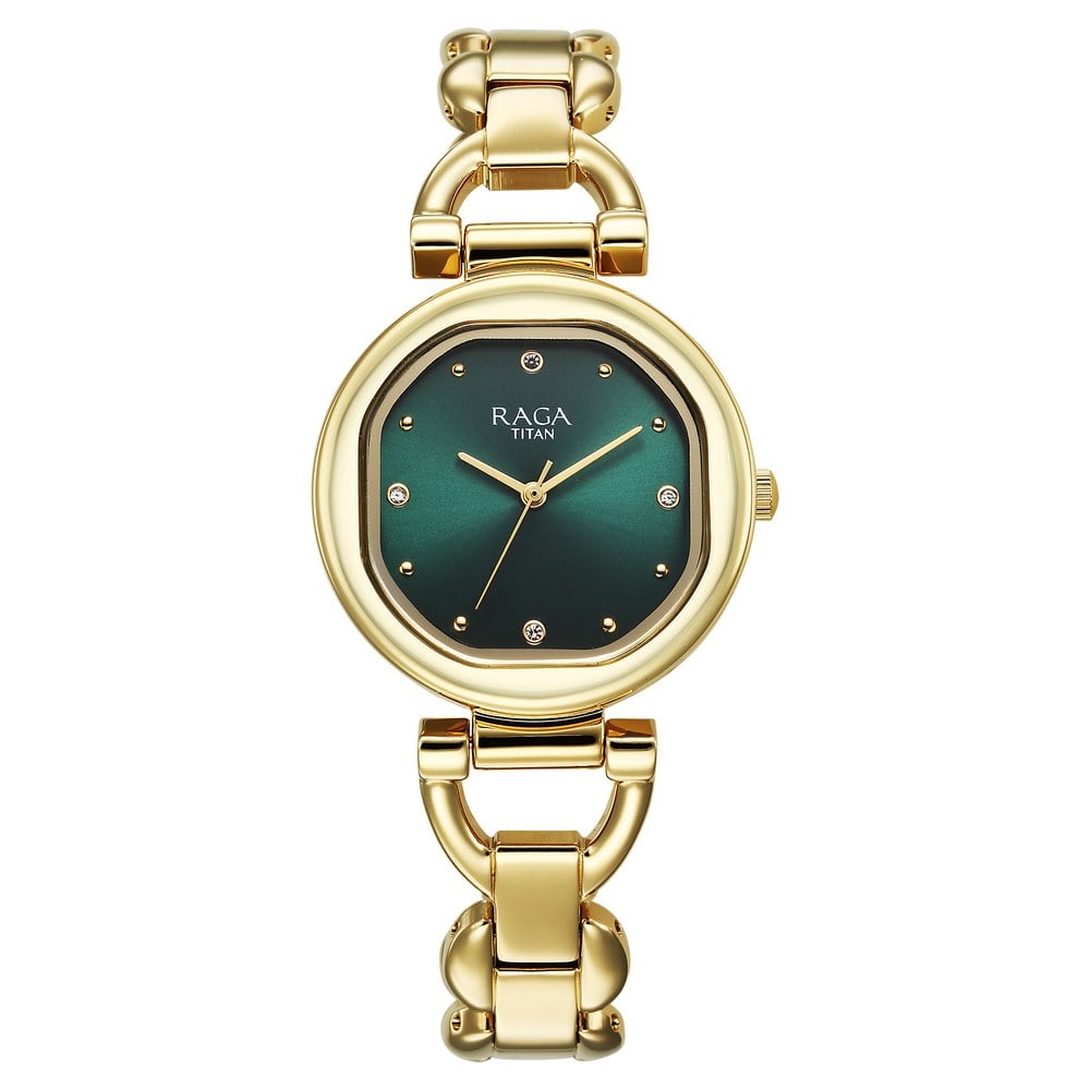 [95301YM01] Titan Raga Showstopper Quartz Analog Green Dial Metal Strap Watch For Women
