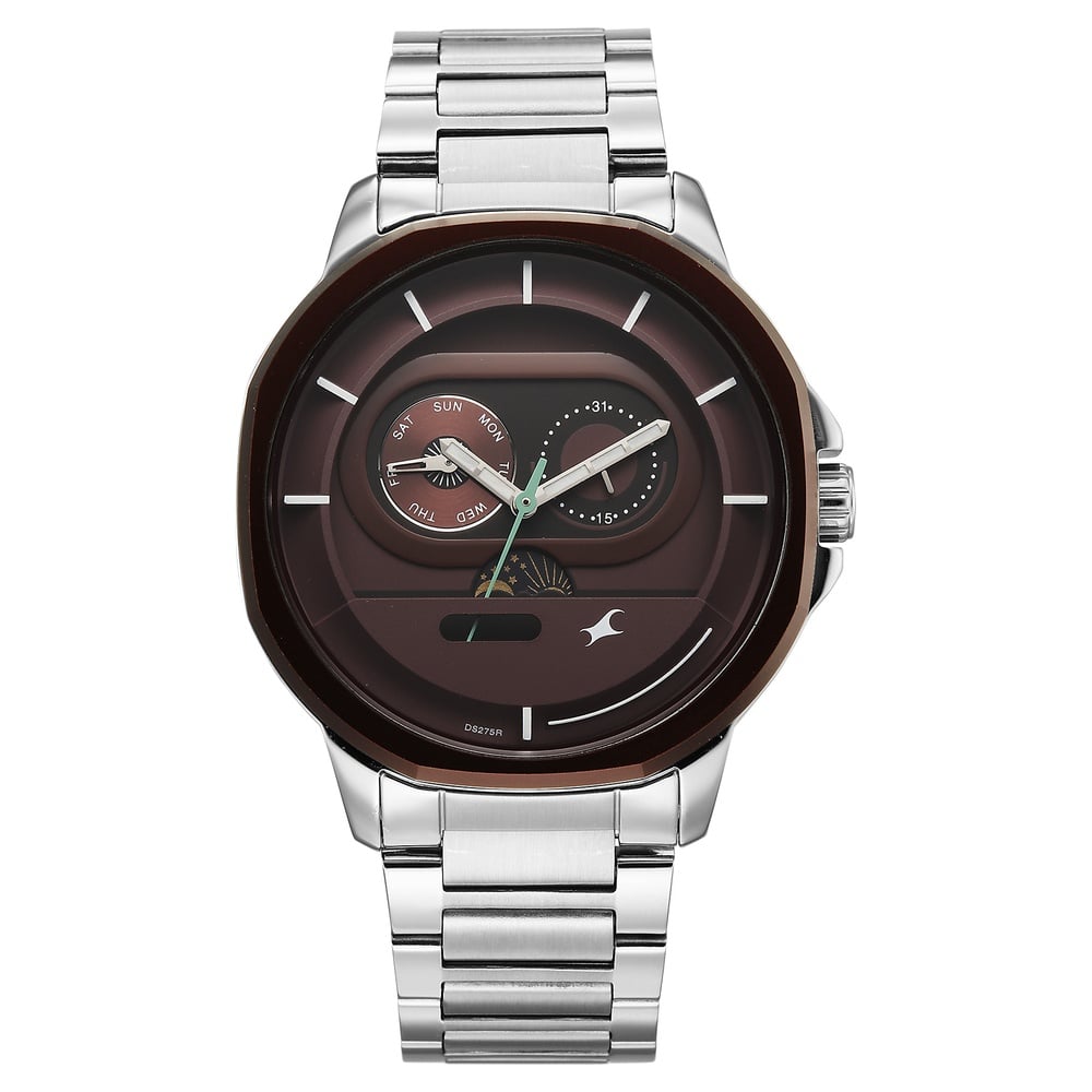 [3303km05] Fastrack Street Opulence Quartz Sun Moon Multifunction Maroon Dial Silver Stainless Steel Strap Watch For Guys