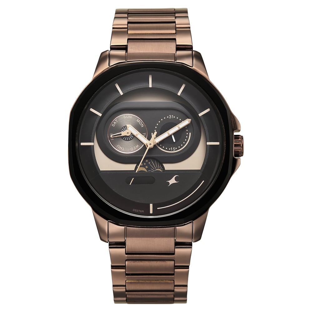 Fastrack Street Opulence Quartz Sun Moon Multifunction Brown Dial Brown Stainless Steel Strap Watch For Guys