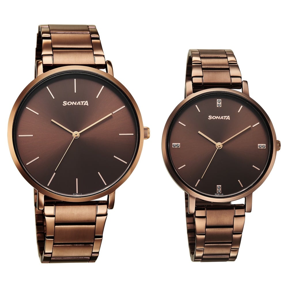 [7715087073km01] Sonata Soulmate Quartz Analog Brown Dial Brown Stainless Steel Strap Watch For Couple