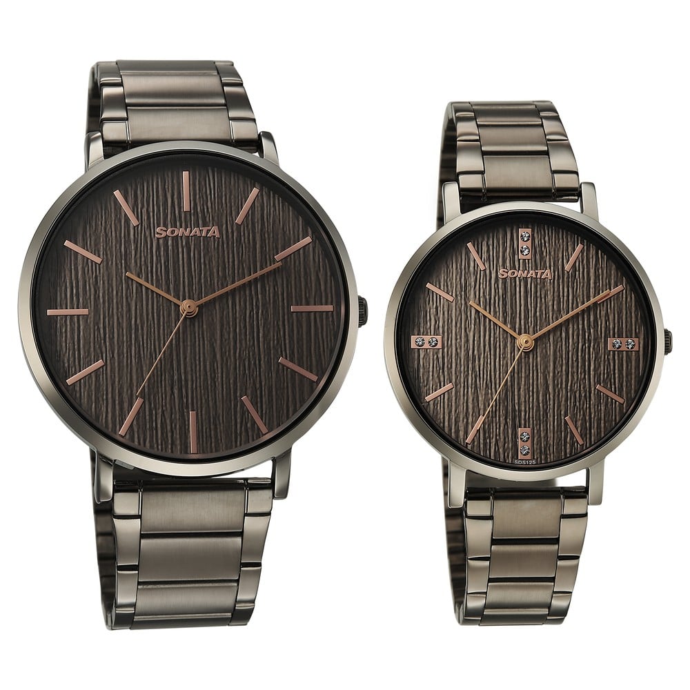[7715087073qm01] Sonata Soulmate Quartz Analog Grey Dial Grey Stainless Steel Strap Watch For Couple