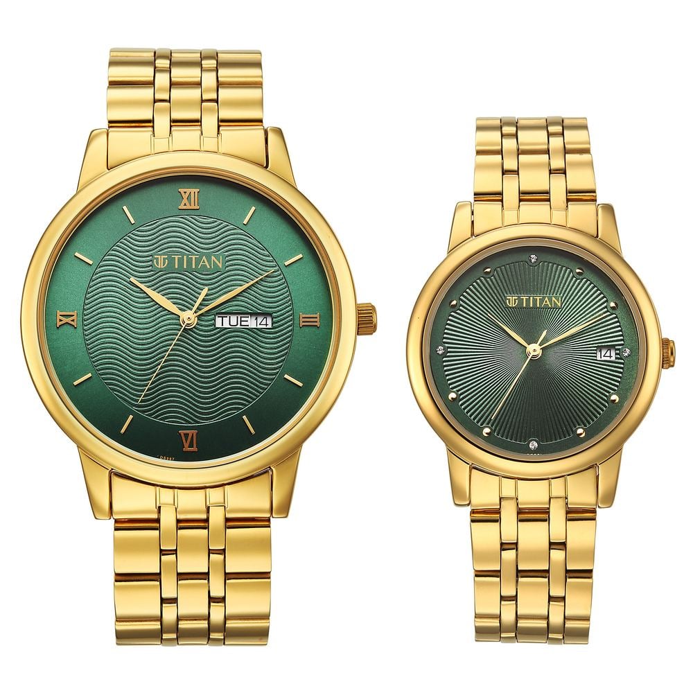 [19672967YM01] Titan Bandhan Eternal Pair Analog with Date and Green Dial Yellow Gold Stainless Steel Strap Watch for Couples