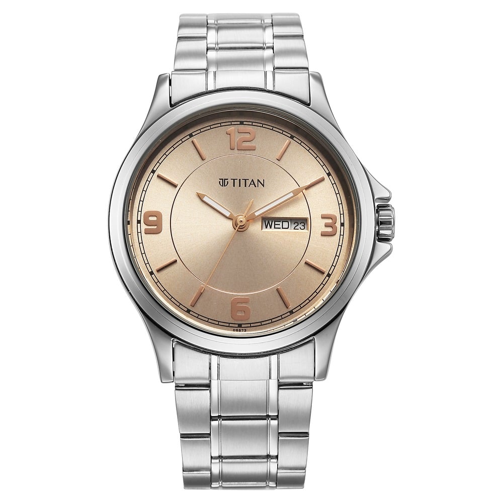 [1870SM06] Titan Neo Arabic Analog with Day Date Beige Dial Silver Stainless Steel Strap Watch for Men