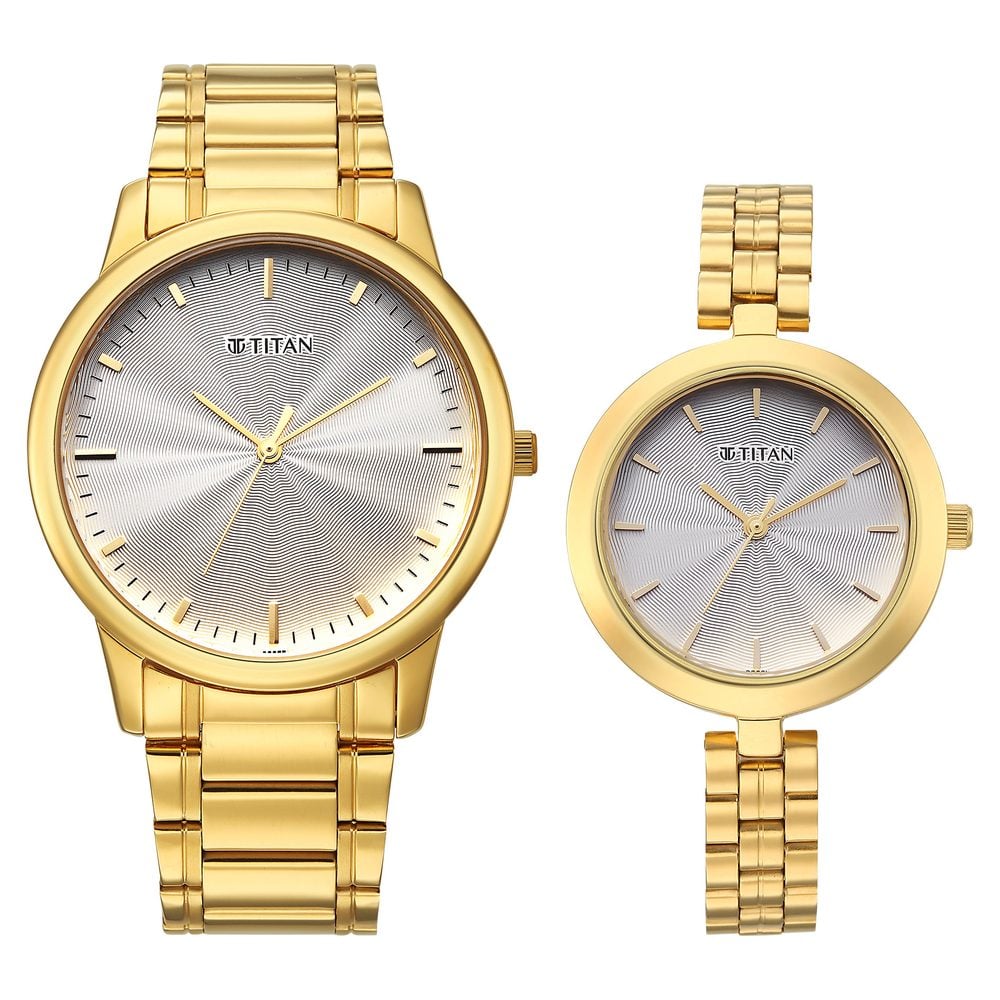 [19692969ym01] Titan Bandhan Eternal Pair Analog with Silver Dial Yellow Gold Stainless Steel Strap Watch for Couples