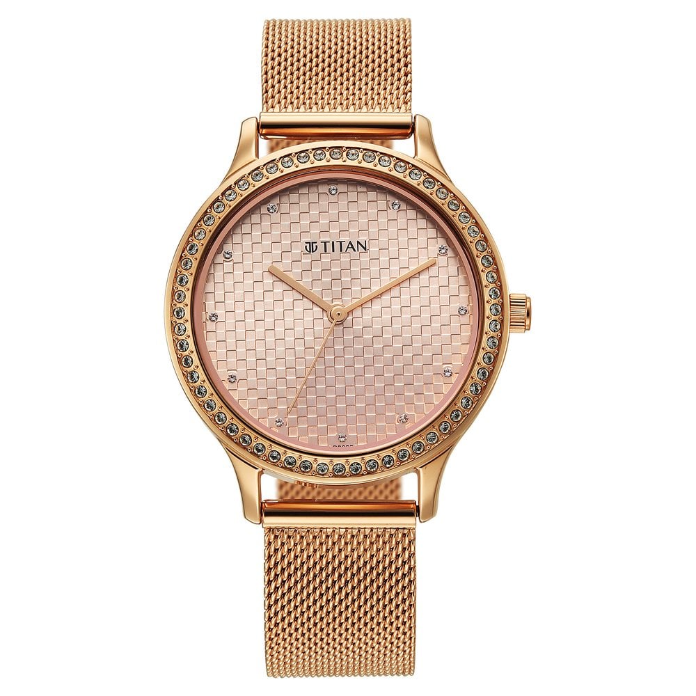 [2634wm06] Titan Purple Superheads Quartz Analog Rose Gold Dial Rose Gold Stainless Steel Strap Watch For Women