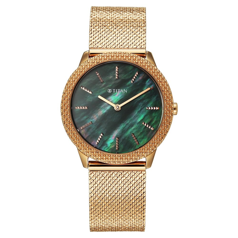 [95331WM01] Titan Glamour Quartz Analog Green Mother Of Pearl Dial Rose Gold Stainless Steel Strap Watch For Women