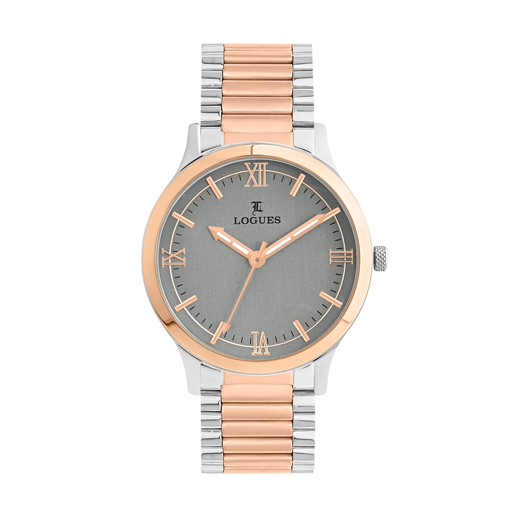 [G4188BWM-27] Logues Quartz Analogue Grey Dial Rose Two Tone Metal Strap Watch For Men