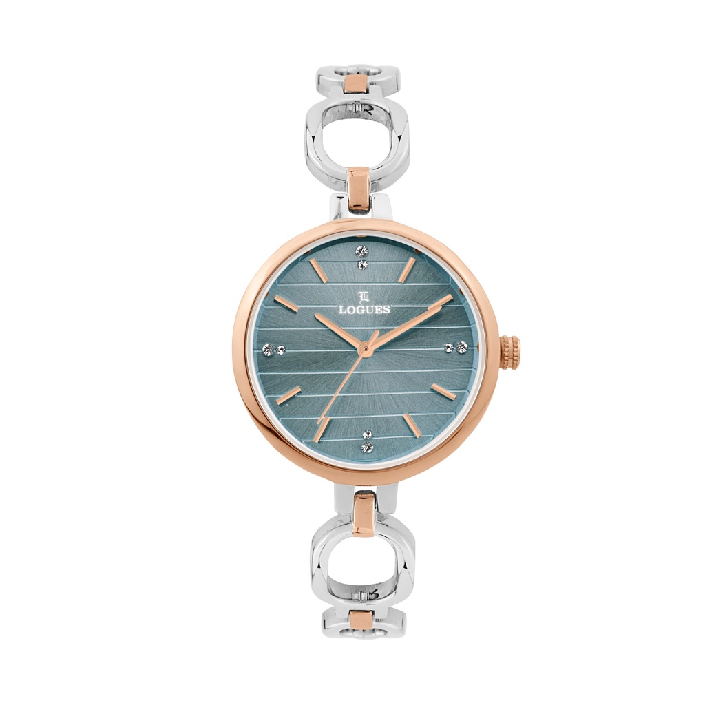 [L6237BWM-04] Logues Quartz Analogue Blue Dial Rose Two Tone Metal Strap Watch For Women