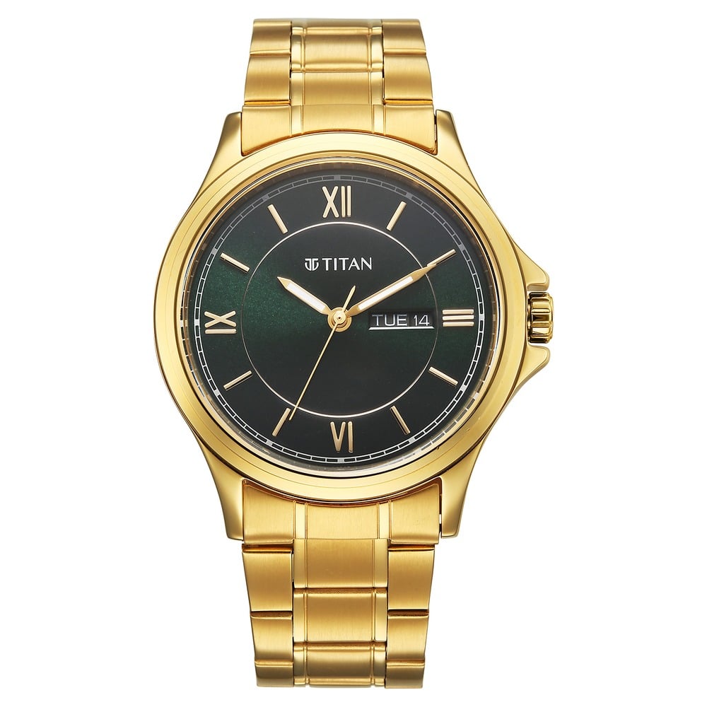 [1870YM01] Titan Karishma Quartz Analog with Day and Date Green Dial Golden Stainless Steel Strap Watch For Men