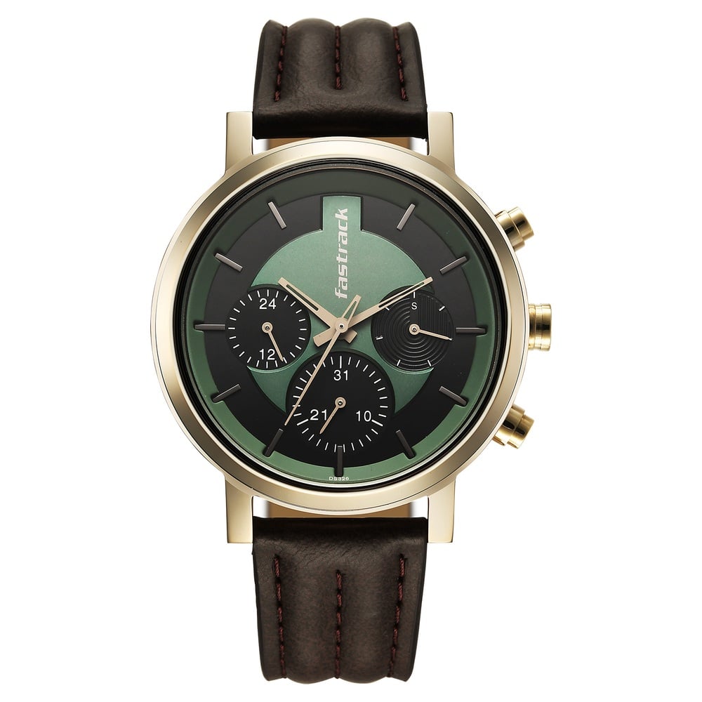 [3287ql02] Fastrack Chrome K Quartz Multifunction Green Dial Brown Leather Strap Watch For Guys