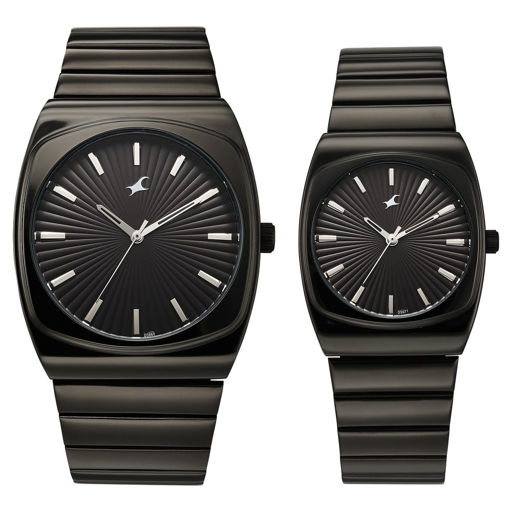 [3819268060qm02] Fastrack Mixmatched Quartz Analog Multicoloured Dial Two Toned Stainless Steel Strap Watch For Couple