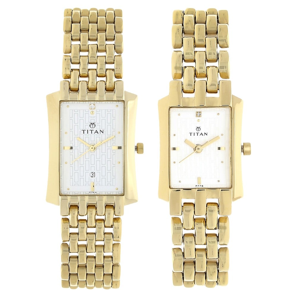 [19272927ym01p] Titan Quartz Analog with Date Silver Dial Stainless Steel Strap Watch for Couple