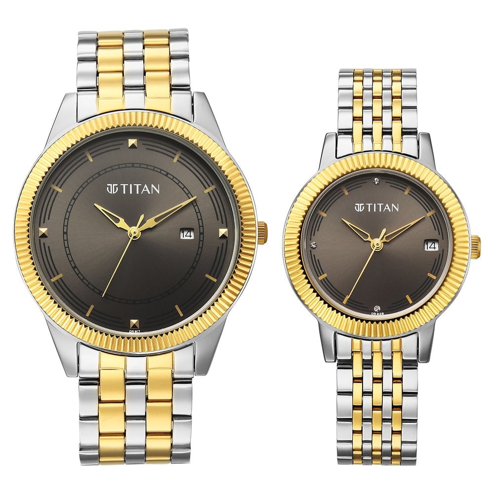 [19682968bm01] Titan Bandhan Eternal Pair Analog with Date and Gun Dial Dual Tone Stainless Steel Strap Watch for Couples