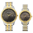 Titan Bandhan Eternal Pair Analog with Date and Gun Dial Dual Tone Stainless Steel Strap Watch for Couples