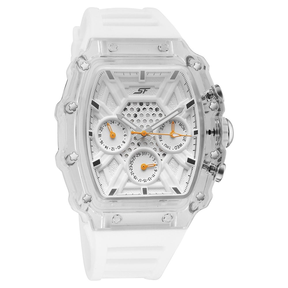 [77178PP02W] SF Maiden Voyage Sport Watch White Dial And Strap Tonneau Shaped Case with Multifunction movement